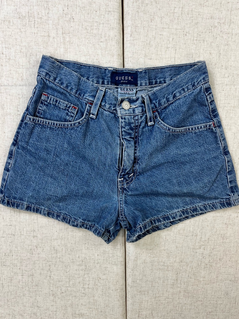 Vintage 90s Guess Jeans Blue High-Rise Denim Cutoff Short, Made in Canada SZ 25